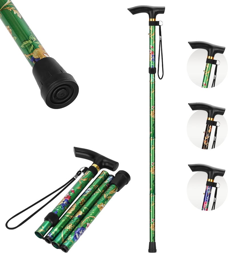 Floral Designer Foldaway Walking Stick/Cane/Mobility Aid Ergo Height Adjustable (Bright Green Floral)